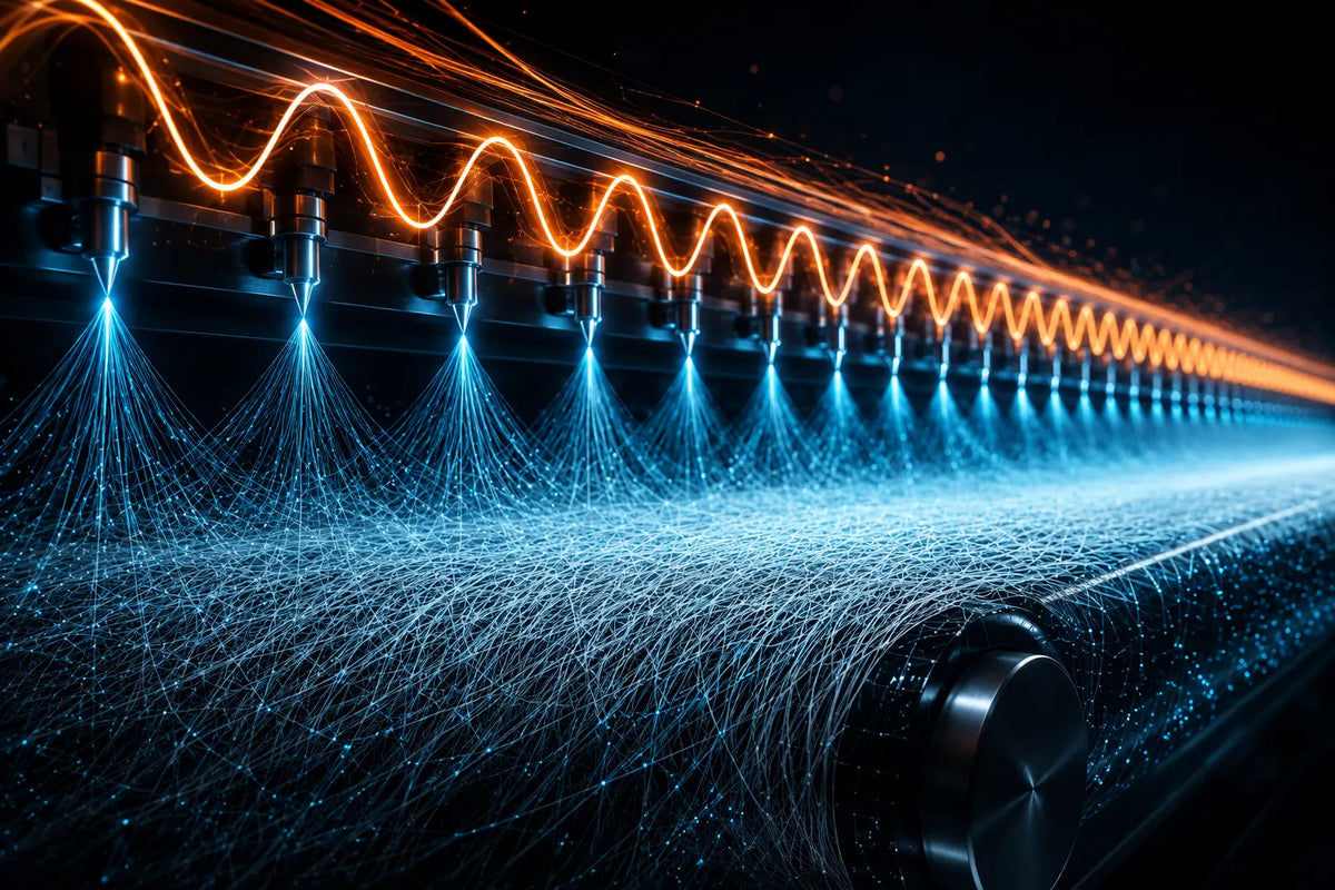 Architectural-style visualization of perfectly aligned nanofibers arranged in precise parallel geometry with microscopic detail. Clean repeating patterns, dramatic lighting, and aqua highlights illustrate TruSpin's precision manufacturing capabilities and industrial-scale AC electrospinning process.