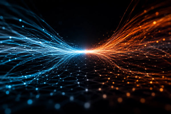 Abstract technology illustration showing two opposing energy fields converging at the center, with glowing blue and copper-orange fiber streams representing alternating current and direct current electrospinning. The high-tech composition symbolizes the comparison between AC and DC electrospinning using TruSpin's brand colors on a black background.