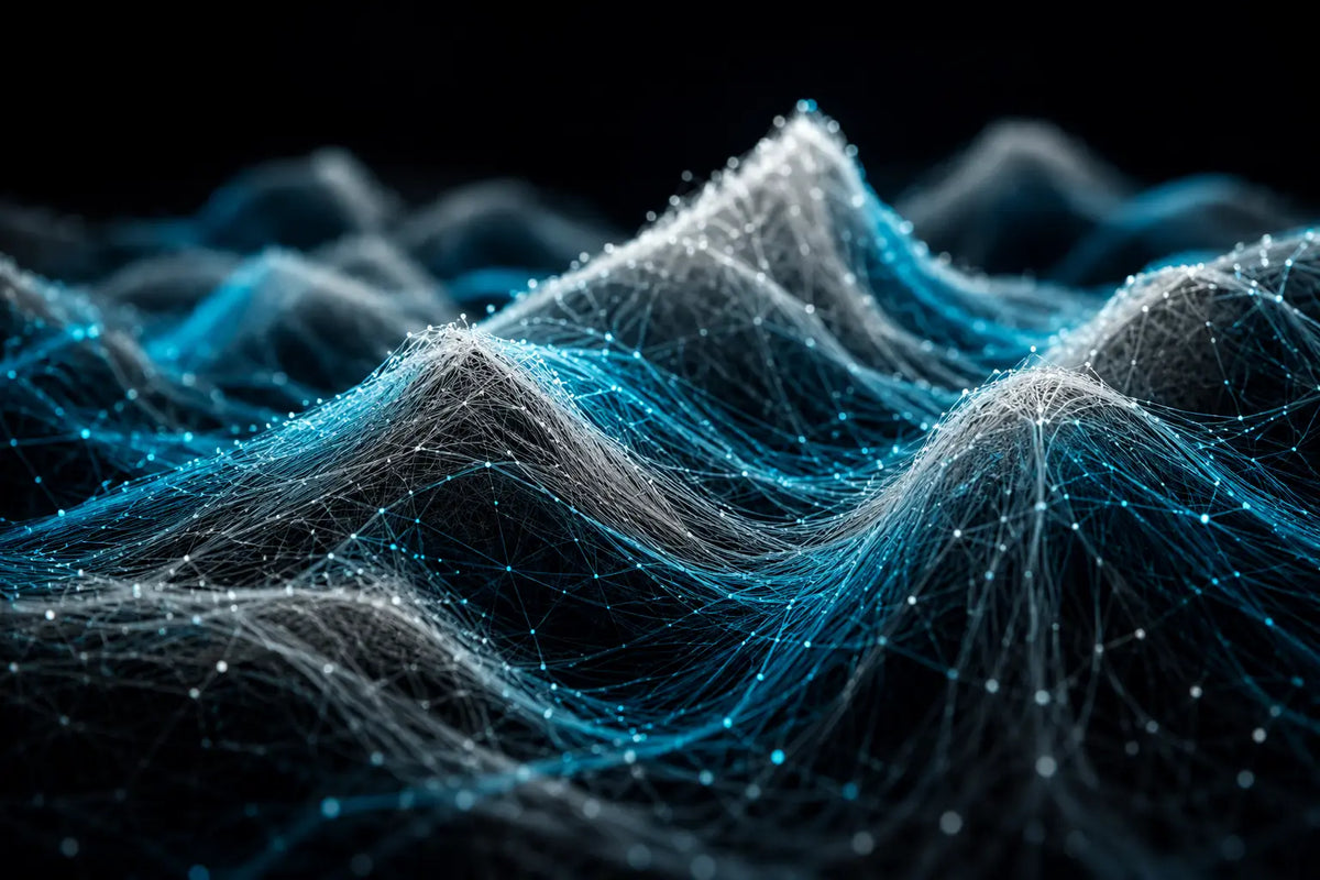 Macro visualization of millions of ultra-fine nanofibers forming a mountain-like landscape with glowing aqua and white fibers on a black background. The dense nanofiber network creates layered peaks and valleys with shallow depth of field, representing advanced nanomaterial structures produced through TruSpin's AC electrospinning technology.