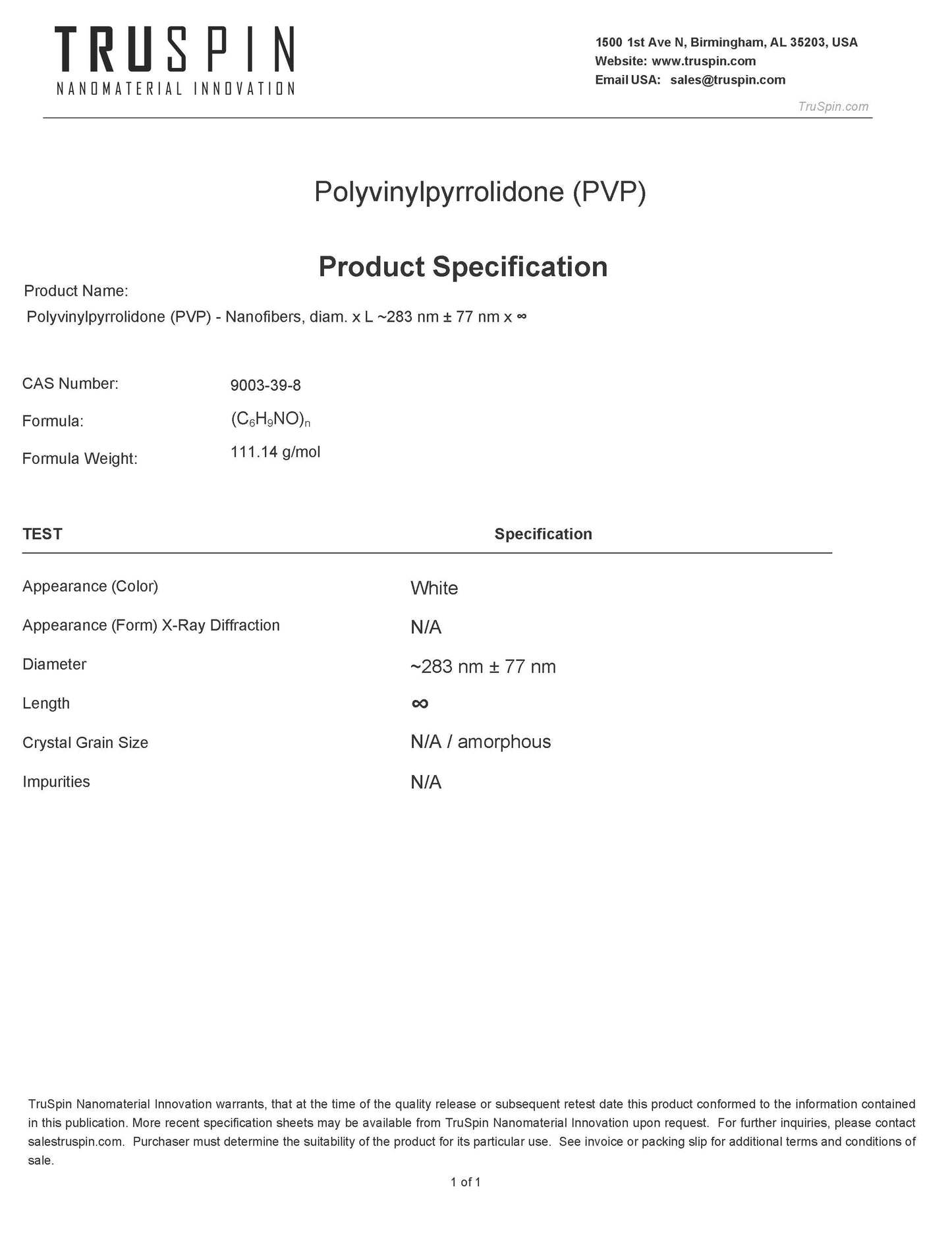 Polyvinylpyrrolidone (PVP) Nanofibers