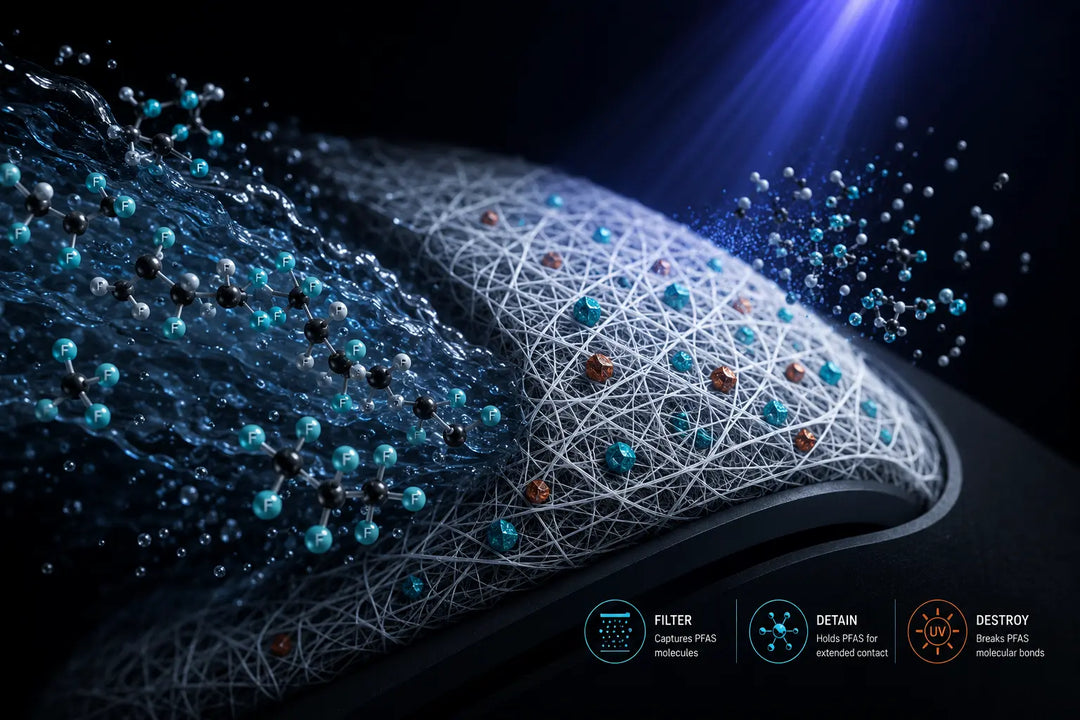 High-resolution illustration of a polyceramic nanofiber membrane capturing PFAS molecules from contaminated water while ultraviolet light activates embedded catalytic particles to destroy the contaminants. The image highlights TruSpin's nanofiber filtration technology using aqua, white, graphite, and copper-orange accents on a dark background.