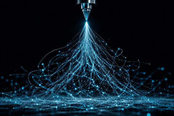 A futuristic digital rendering of a metallic nozzle spraying a bright blue laser-like stream of nanofibers that disperse into glowing light particles on a dark surface, set against a solid black background showing what is electrospinning.