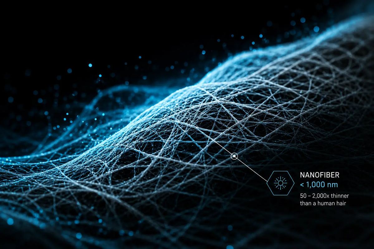 high tech illustration showing what are nanofibers the definition of a nanofiber under a microsope.  Nanofiber size is under 1,000 nm which is 50 - 2000x thinner than a human hair